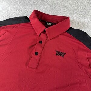 PXG Athletic Golf Polo Shirt Patch Red Black Stretch Men's Size Medium Collared